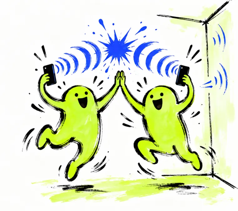 Two lime blobs holding phones jump into a high-five while blue sound waves meet above them